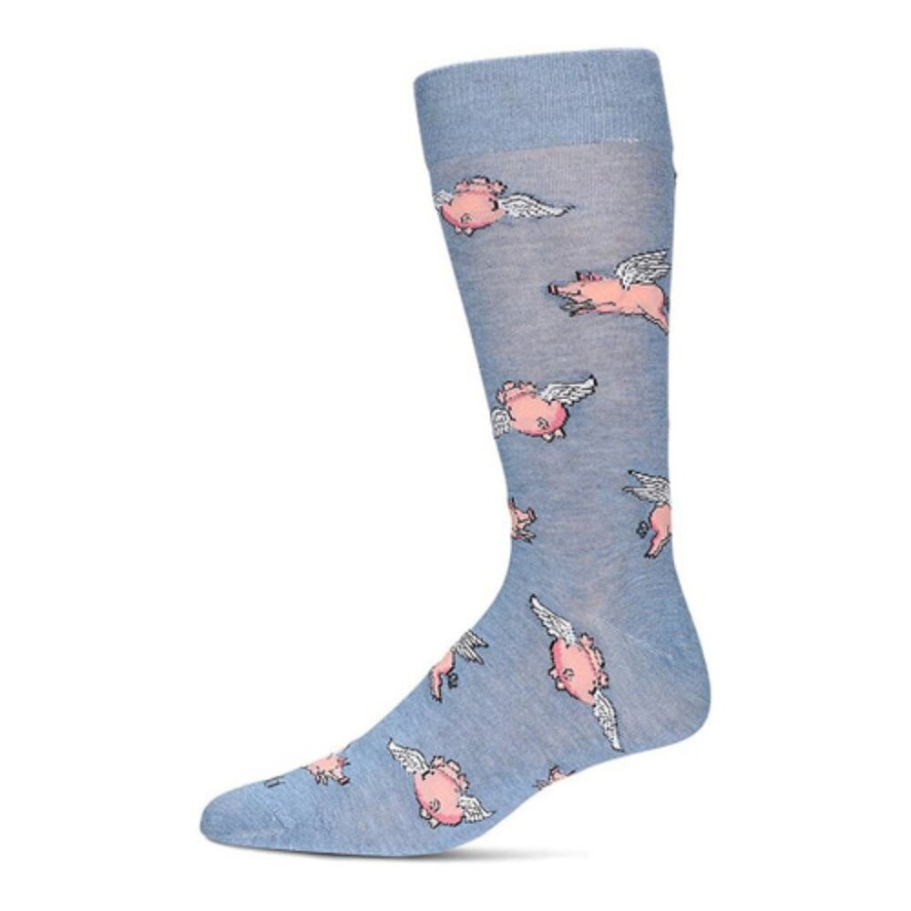 MM Men's Flying Pigs Rayon Crew Socks, Color Denim, #08166